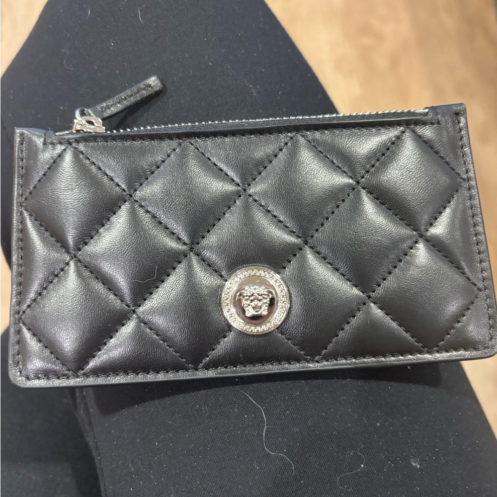 Versace Black Quilted Leather Card Wallet NWOT